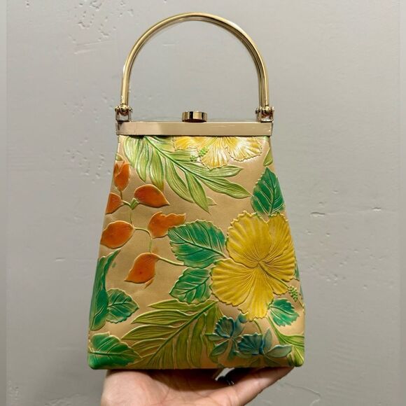 Handmade Genuine Leather Floral Embossed Top Handle Purse & 2 Chain Styles - Picture 2 of 15